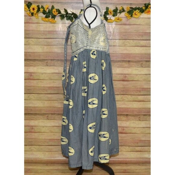 Hand Made Blue & Beige Nautical Coastal Sundress Size L Embroidered Bird Pattern - Picture 8 of 14